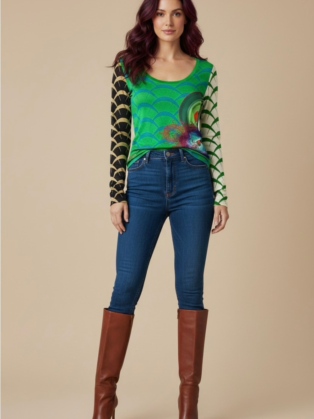 Y2K DESIGUAL Long Sleeve Top Green Graphic ASIAN Tattoo Shirt | S